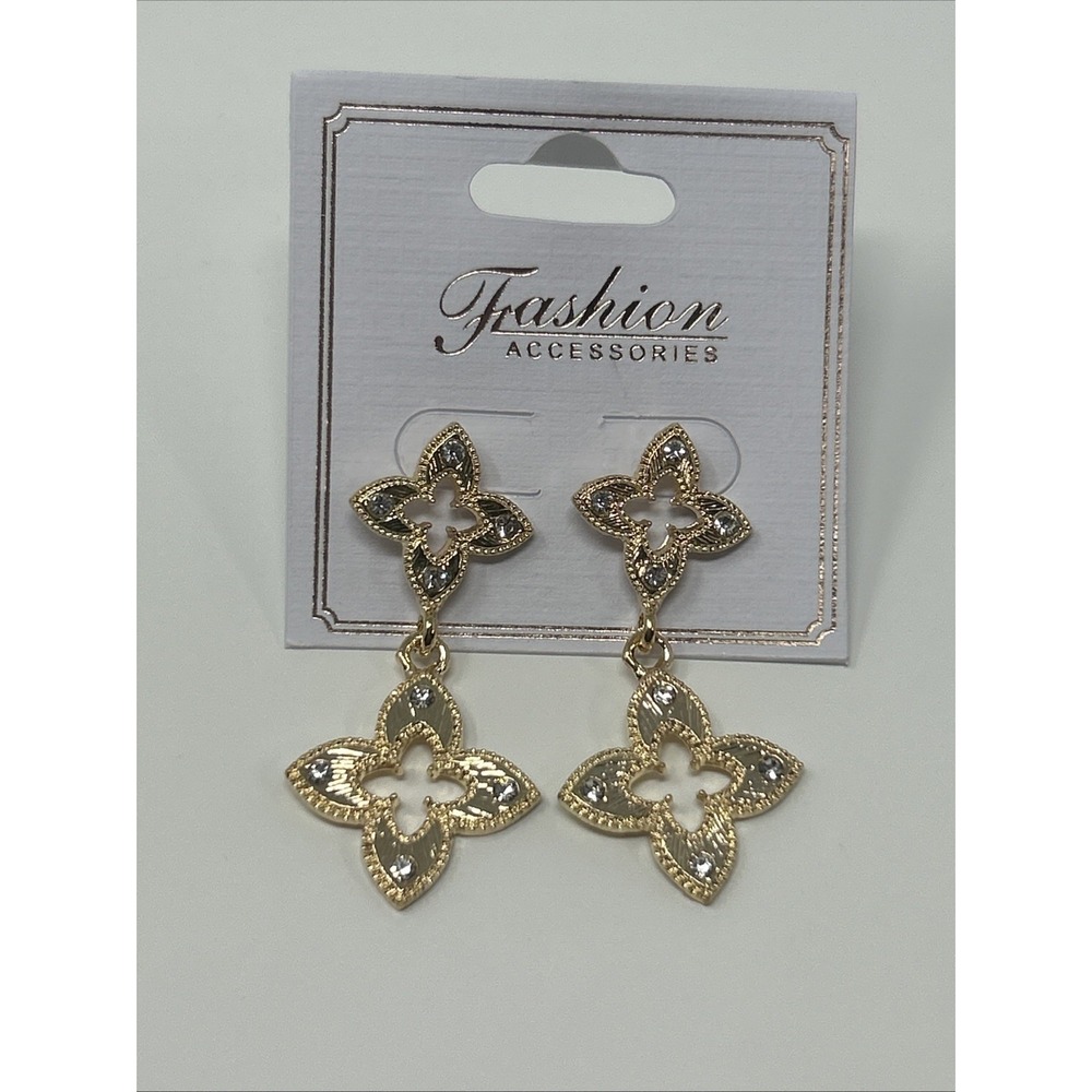 NWT Fashion Accessories Gold Tone Clover Dangle Earrings Rhinestone Accents